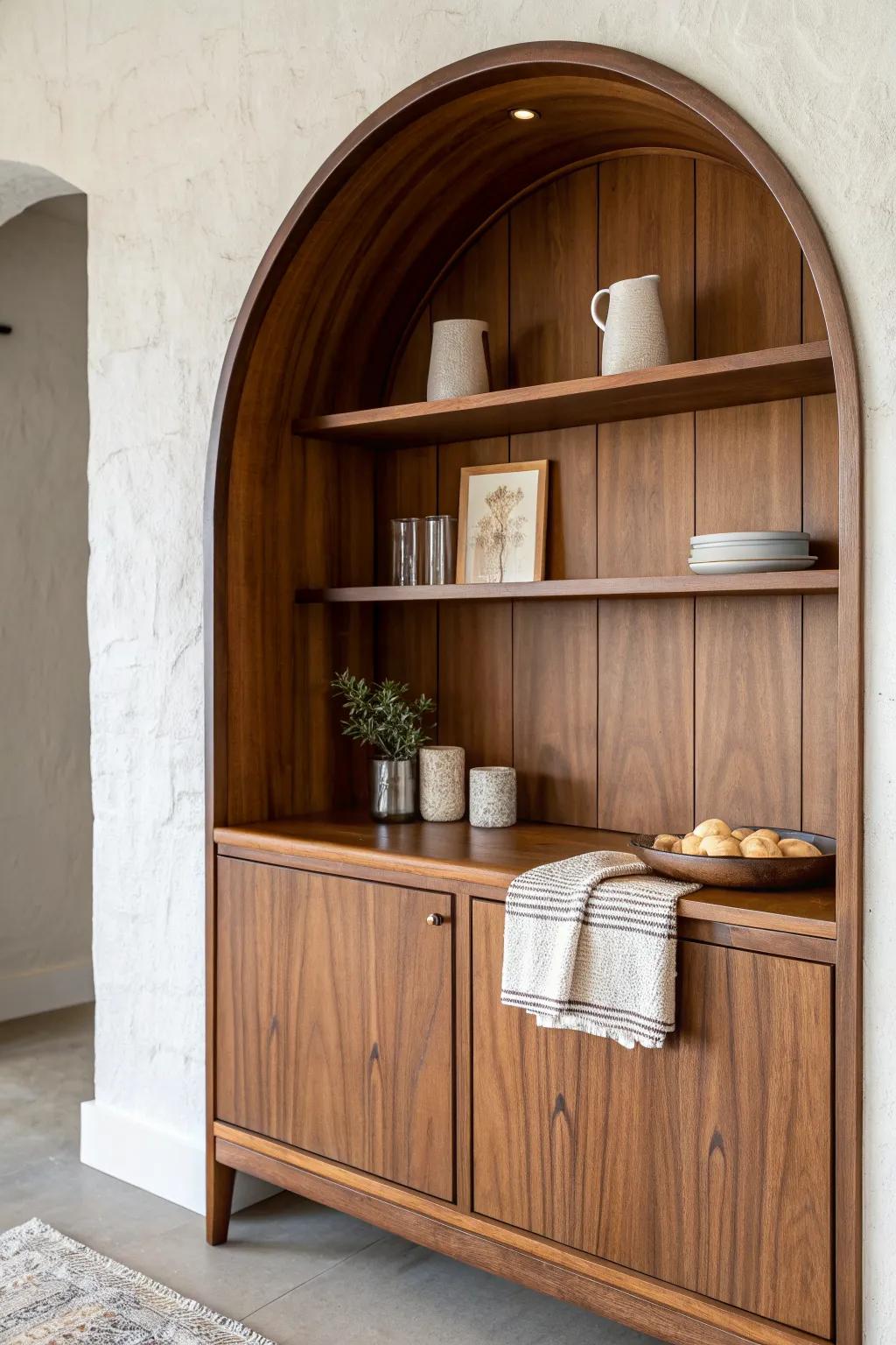 A retro arched niche frames your coffee station like a built-in—warm walnut, clean and calm.