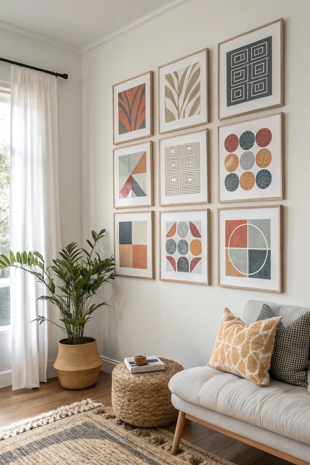 A tight grid of abstract prints in warm oak frames for crisp, collected mid-century style.