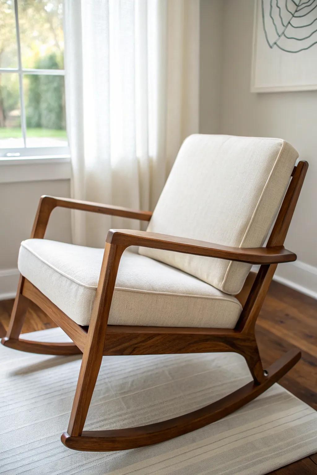 A mid-century rocker with warm wood arms brings instant glow and timeless nursery calm.