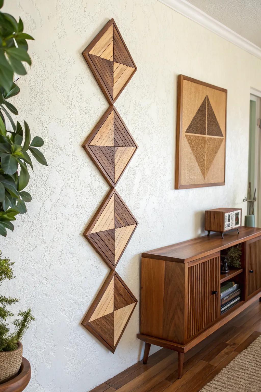 DIY diamond wall plaques in alternating stains—mid-century geometry with warm, minimalist charm.