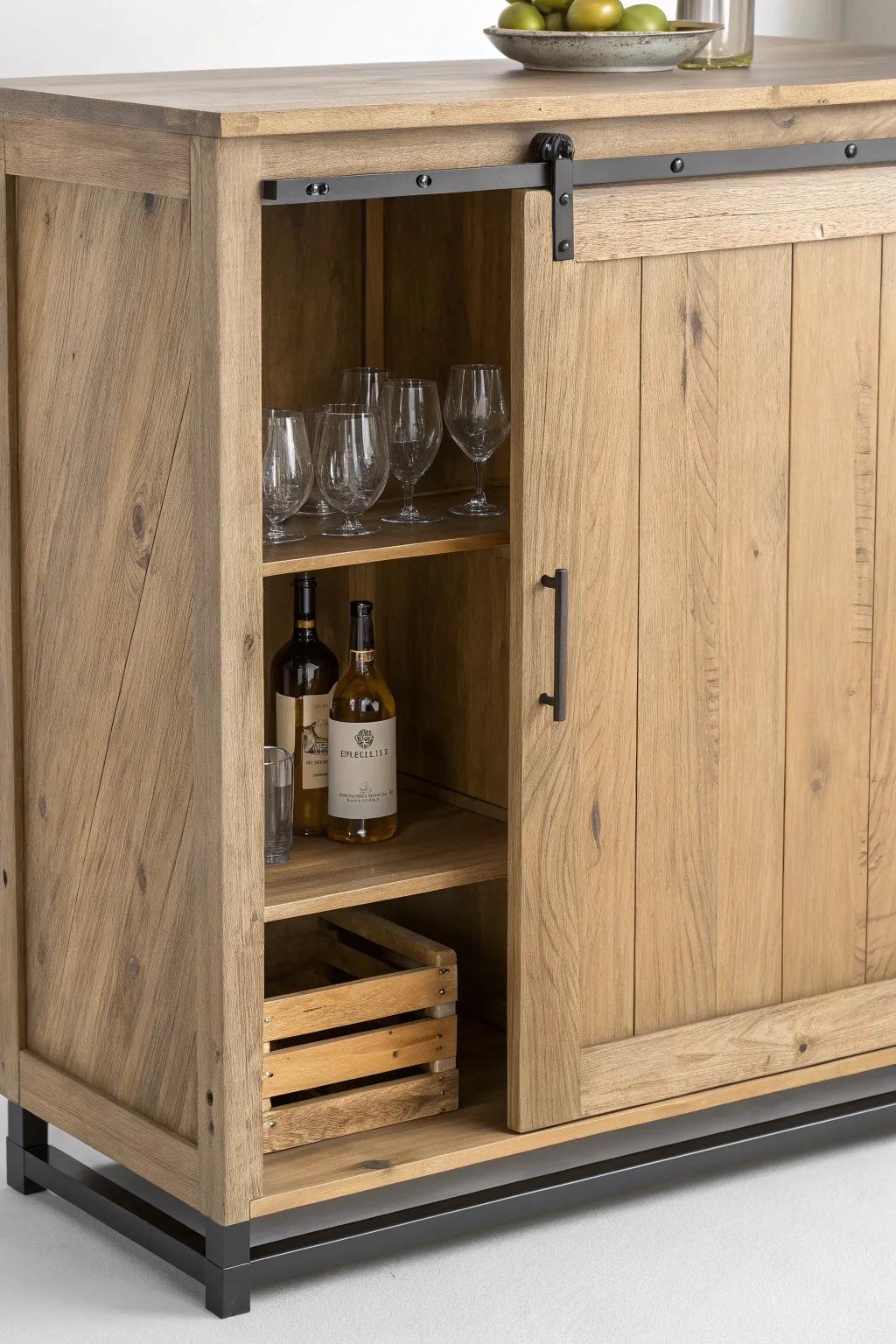 Rustic sliding-door mini bar cabinet—farmhouse charm with a calm, minimalist look.