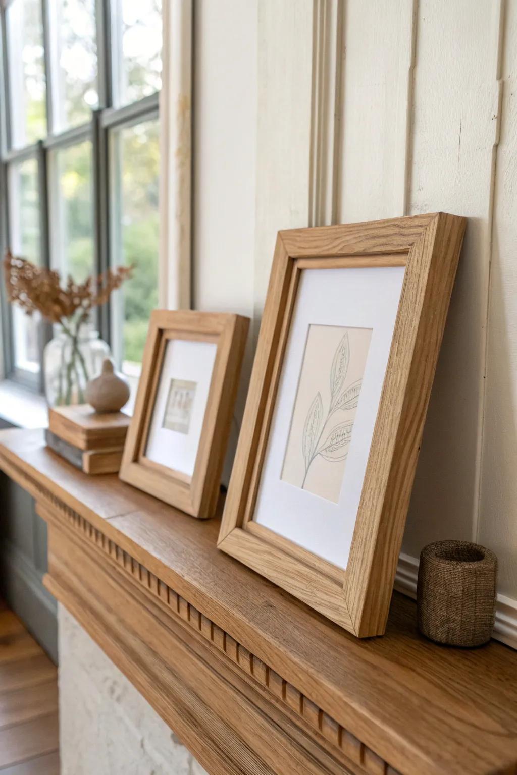 Layer two oak frames—big behind small—for instant depth on a minimalist mantel.