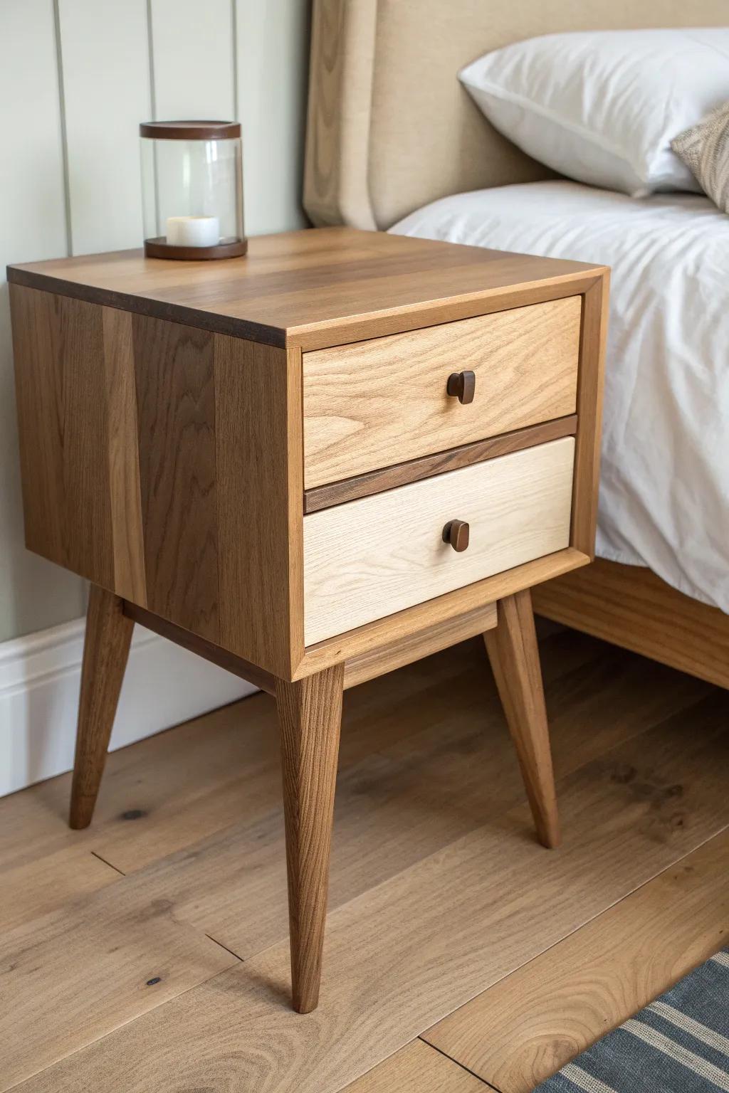 Light oak meets walnut—two stains, one shared shape for an intentionally mismatched nightstand.
