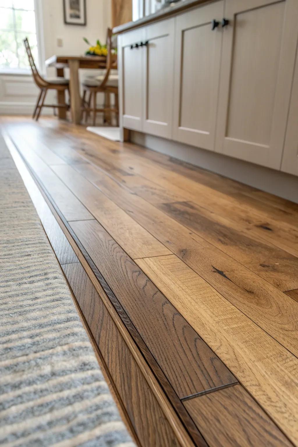 A walnut transition strip turns a kitchen-to-dining hardwood mix into a beautiful boundary.