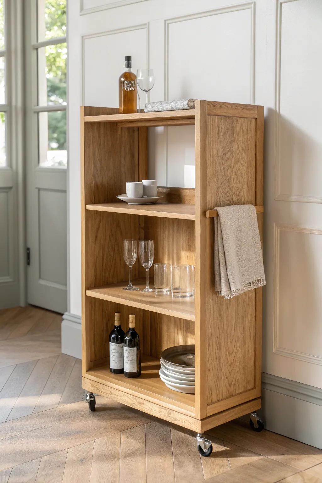 A slim rolling back bar with tiered open shelves—styled, airy, and fast for serving.