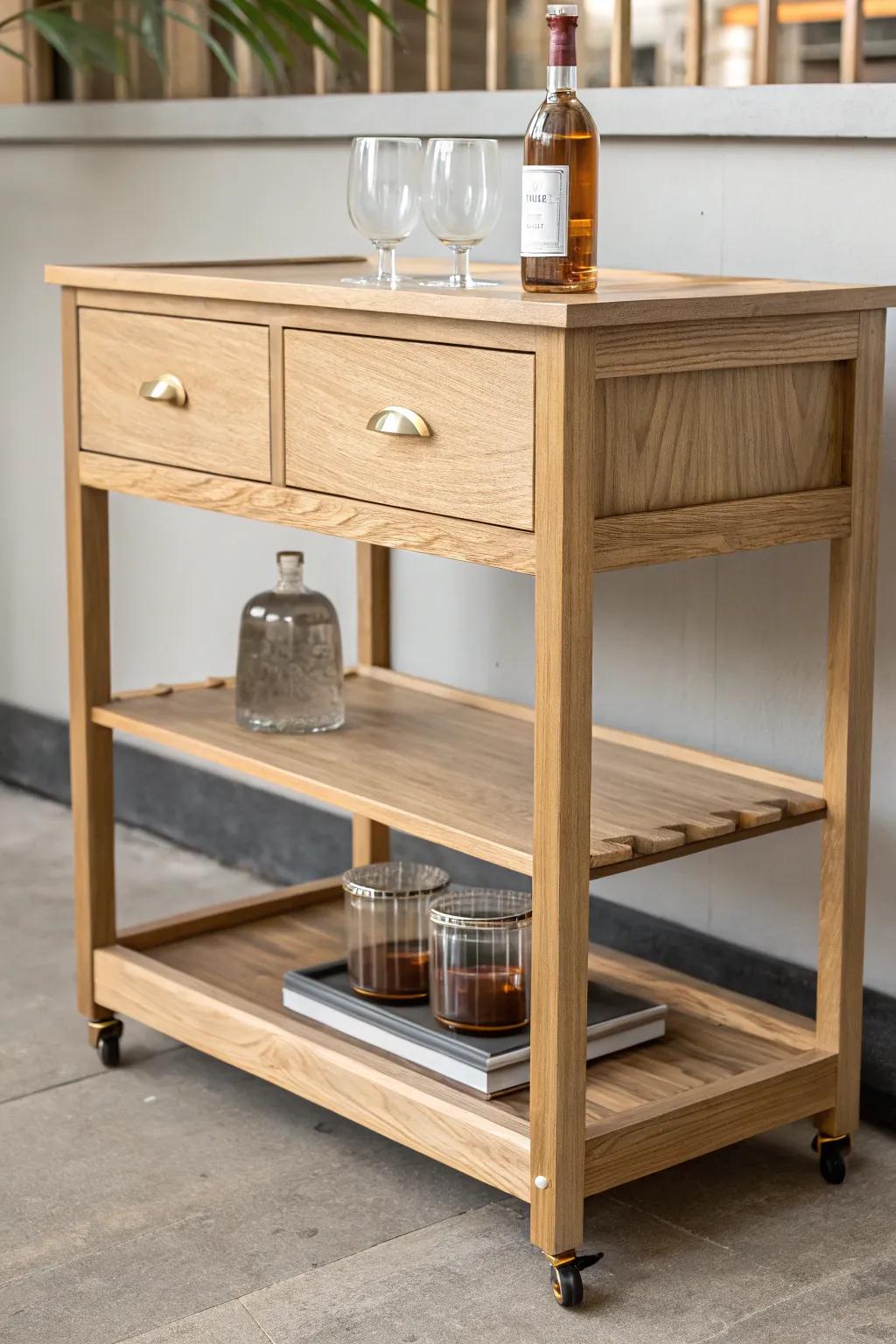 A slim console-style mobile bar with hidden pull-out mixing shelf—minimal, warm, and ready to roll.
