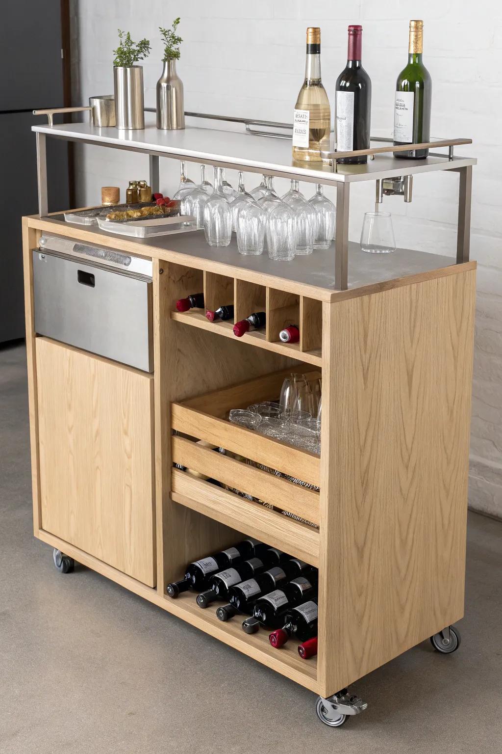 A sleek wine & bubbly pour station with stemware racks and a slim pull-out chilled drawer.