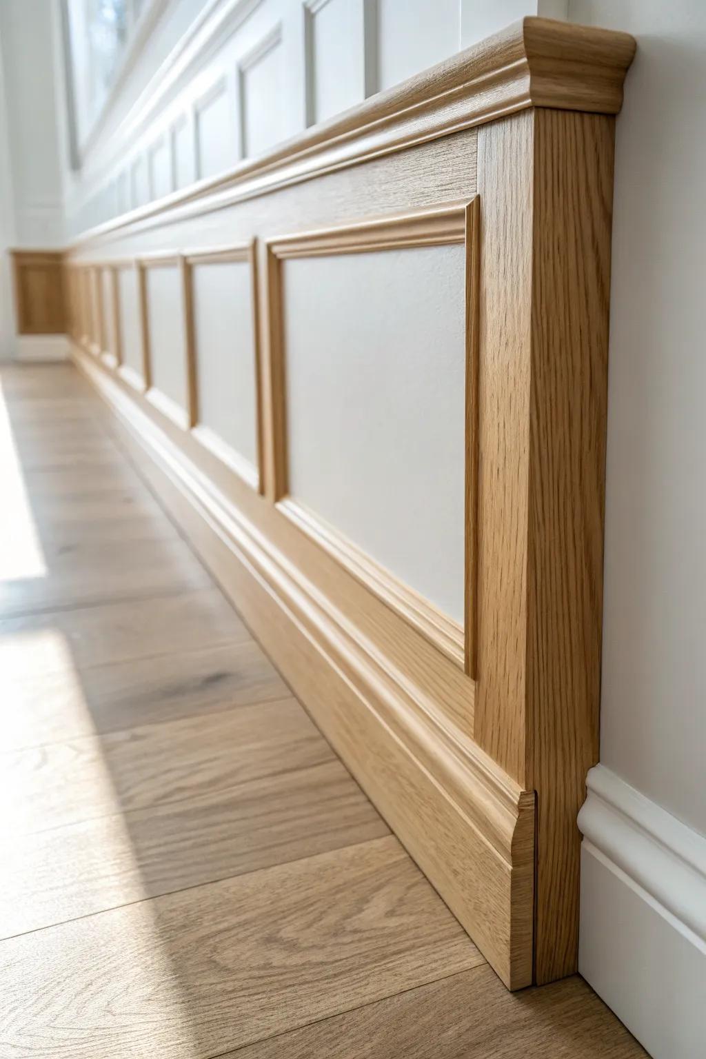 Swap wall battens for a sleek oak chair rail—smooth seams, modern finish, cozy warmth.