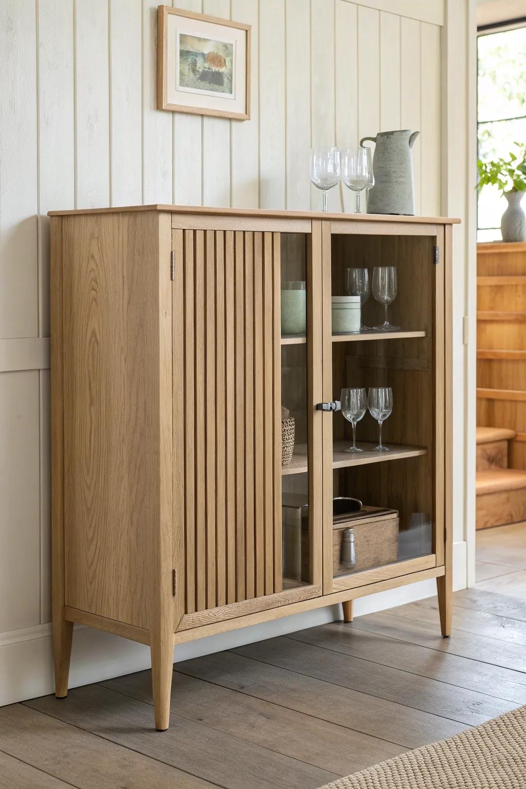 Modern slatted-door bar cabinet in light oak—clean lines, bold shadow texture, calm Nordic vibe.