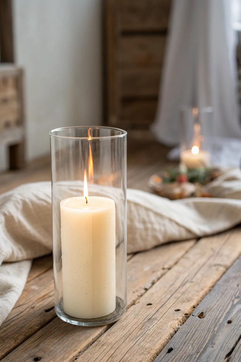A safe, dramatic barn-aisle glow: pillar candle in a tall glass cylinder on warm wood.