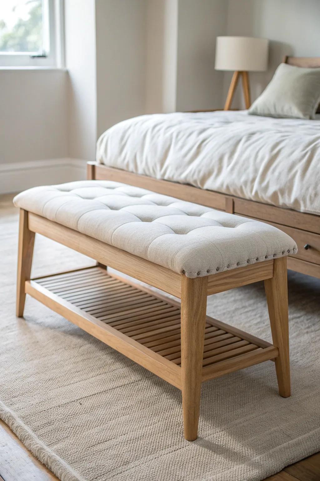 Minimal oak rails + softly tufted linen—an elegant modern bench for the foot of the bed.