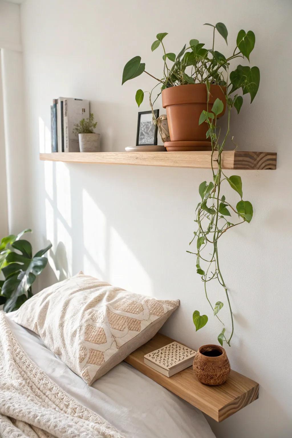 High floating oak shelf with trailing greenery and handmade art for a calm modern boho vibe.