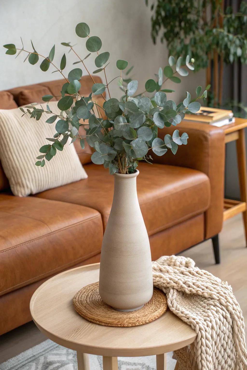 A sculptural vase of green branches instantly refreshes warm brown living room tones.
