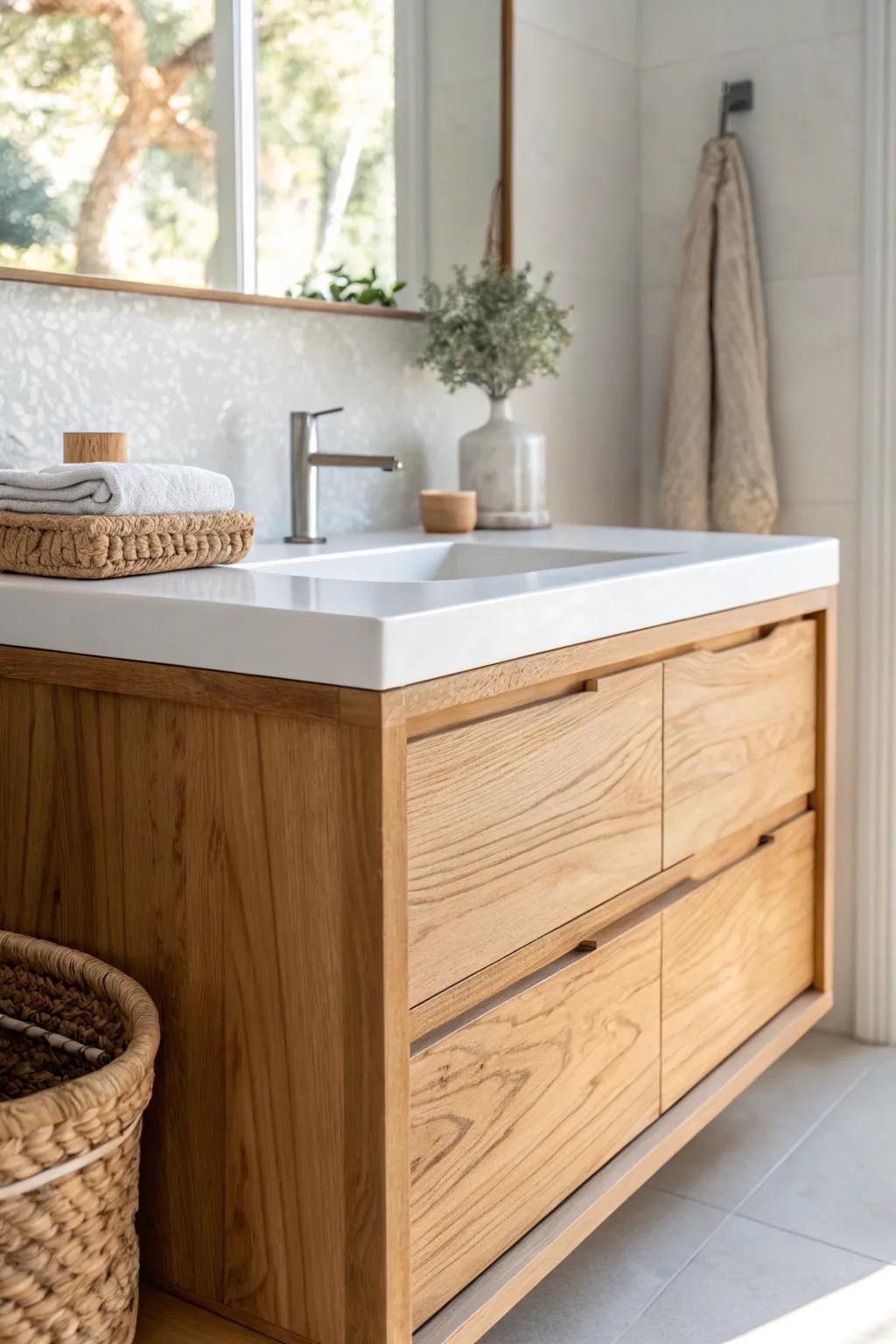 Warm cedar vanity with a crisp white countertop—bright, modern contrast that feels clean and luxe.