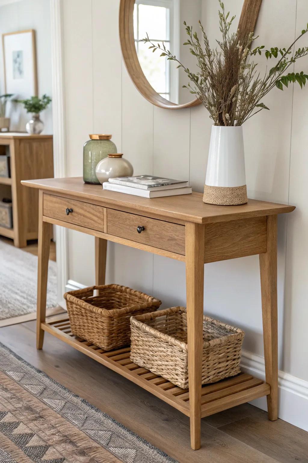 Narrow oak console with baskets keeps weekly church handouts neat, airy, and clutter-free.