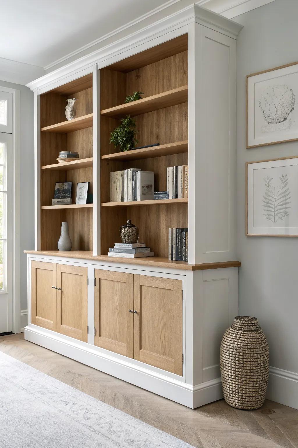 Modern classic built-in: crisp white shelves with a natural wood back for warm, tailored contrast.