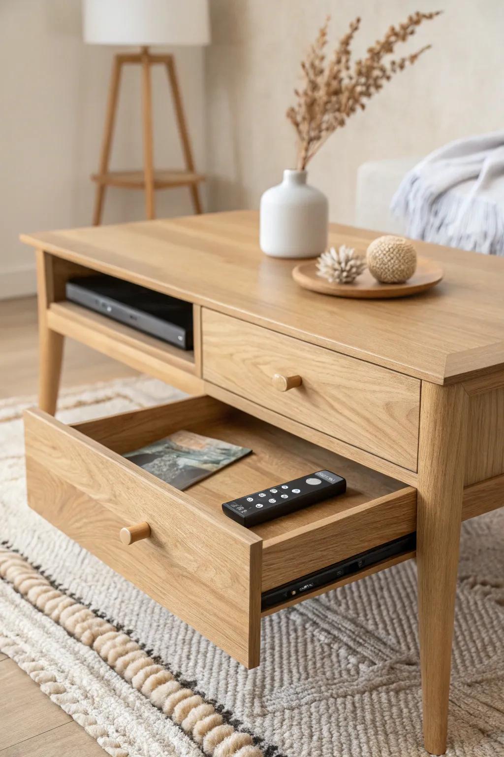 Slim hidden drawer keeps remotes out of sight—clean lines, calm room, modern coffee table magic.