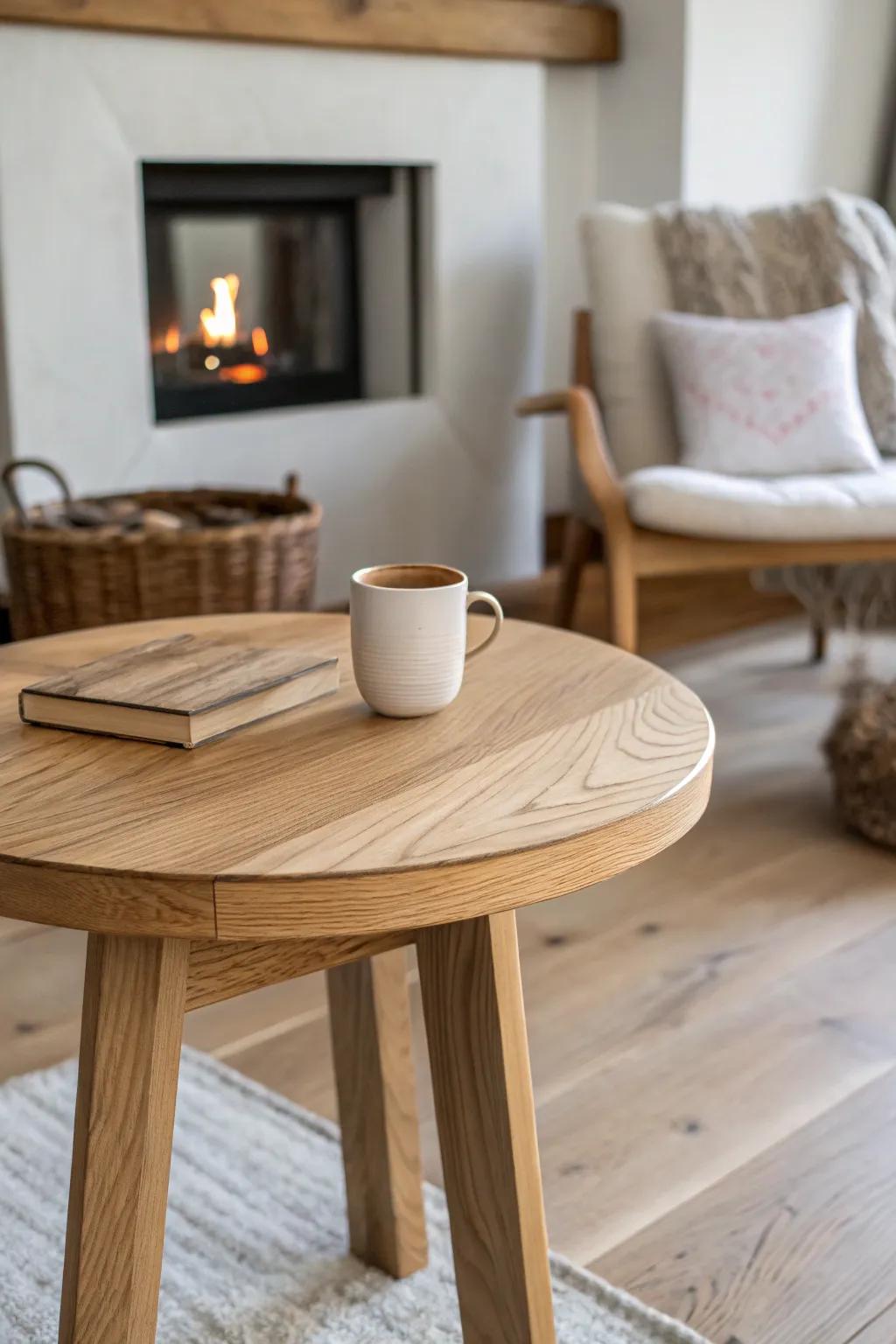 A handcrafted oak side table anchors a cozy corner hearth nook—minimal, warm, and inviting.