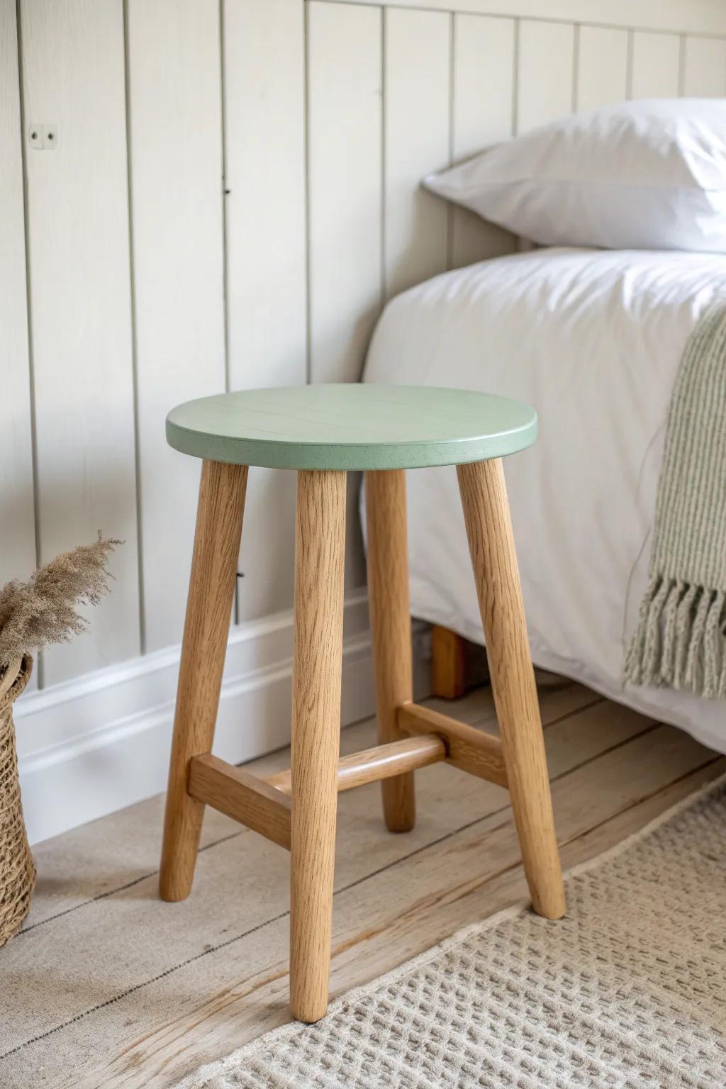 A soft sage handcrafted stool brings outdoor calm to a bright modern cottage bedroom.