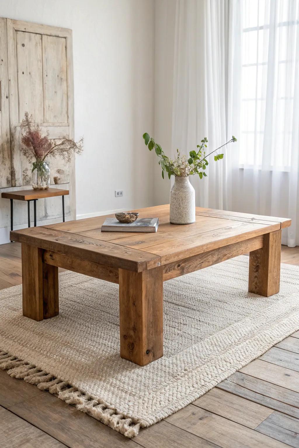 Ground your space with a chunky reclaimed-wood coffee table—matte, knotty, timeless.
