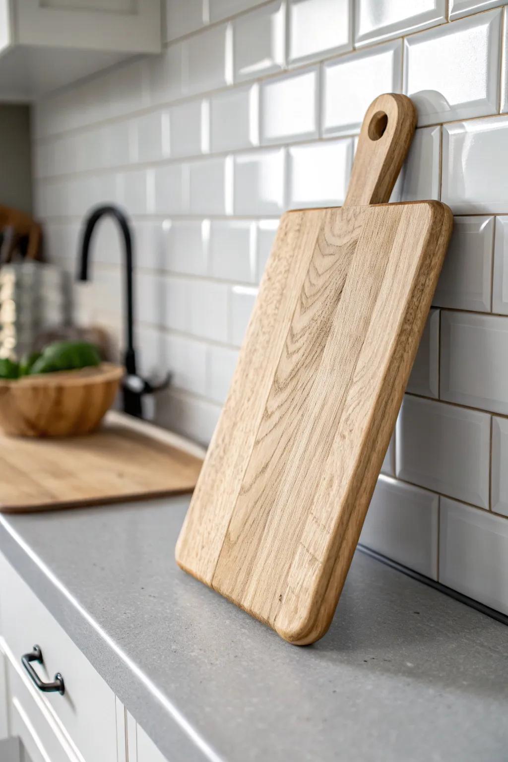 Soft gray subway tile lets warm oak shine—farmhouse calm with a modern, minimal edge.