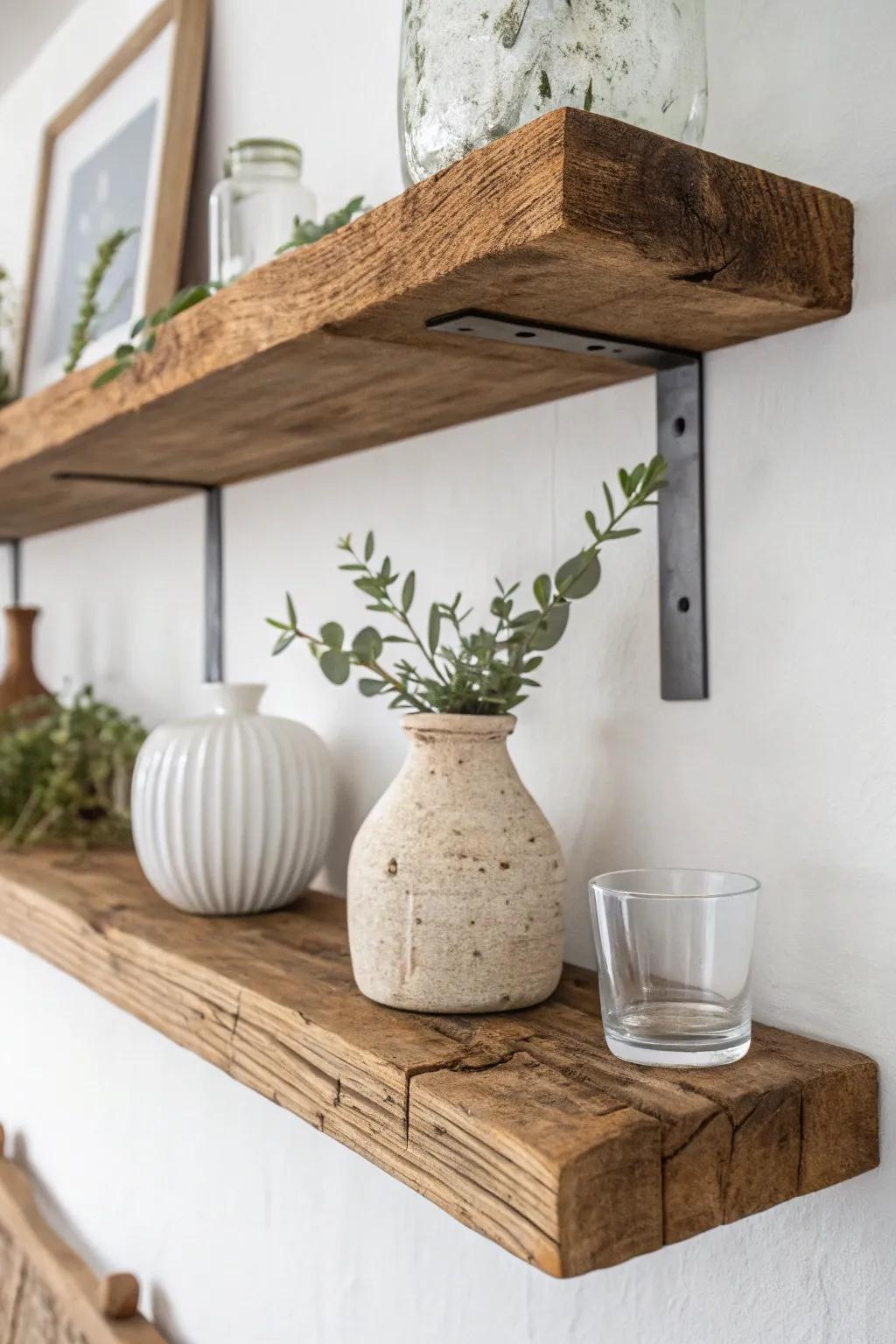 Modern farmhouse open shelving: a matte salvaged oak board with simple ceramics and greenery.