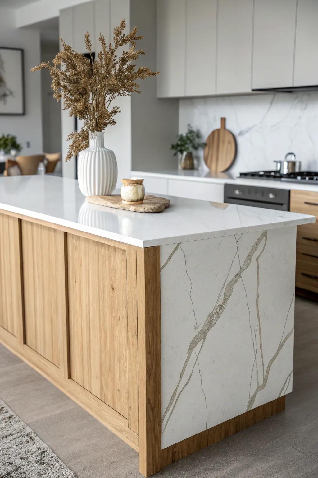 Clean but bold: a warm white waterfall-edge island paired with light oak craftsmanship.