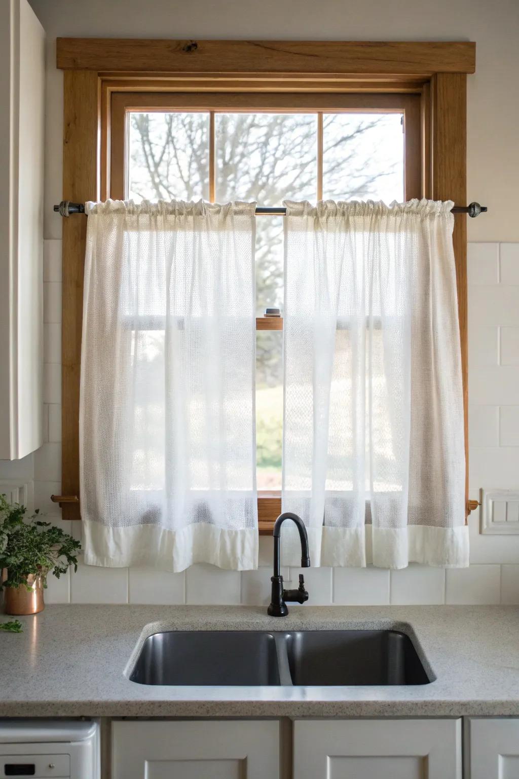 Sheer cafe curtains that soften morning light—modern farmhouse charm without the fuss.