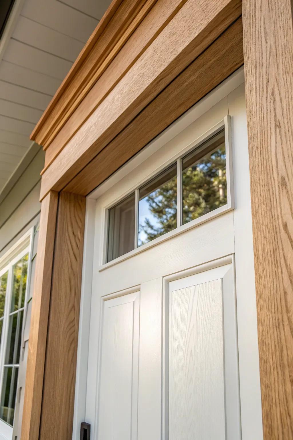 Modern Craftsman door trim: a wider flat header in warm oak for clean, timeless contrast.