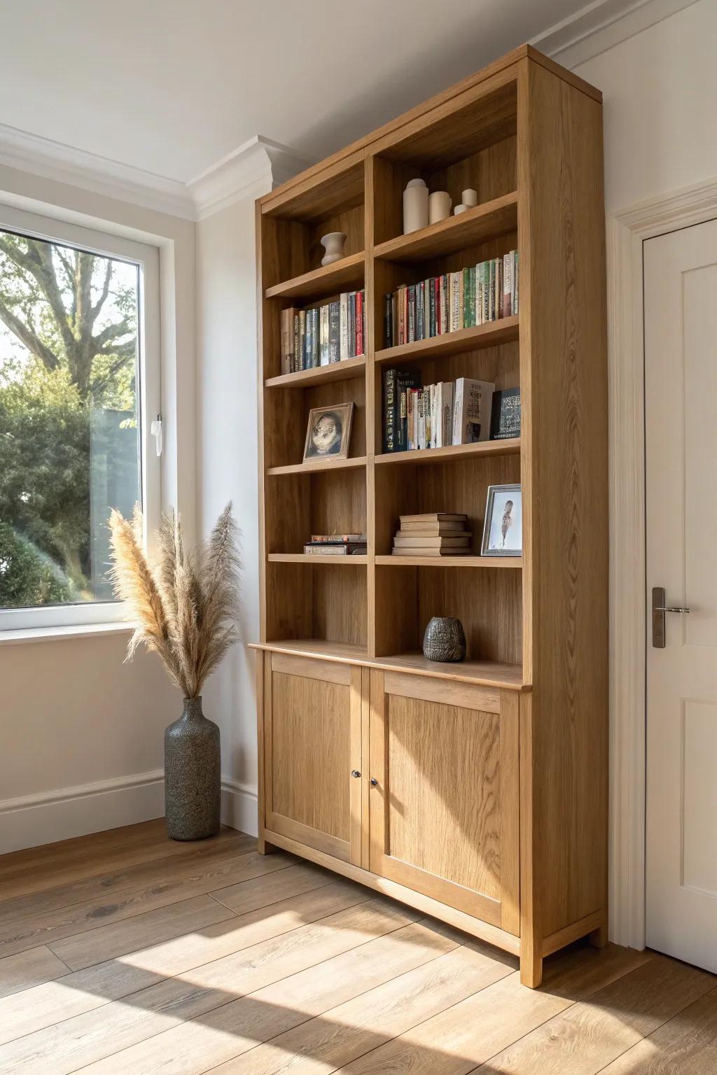 Built-in oak bookcase turns the dining room into a modern salon for books and puzzles.