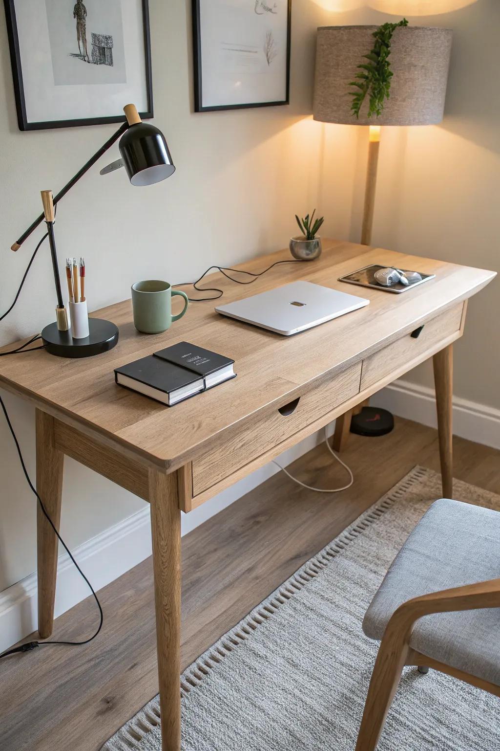 A minimal oak desk with a hidden rear cable channel—clean lines, calm surface, zero cord chaos.