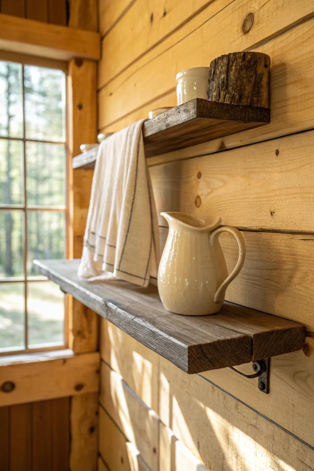 Reclaimed floating shelf styling: one simple ceramic piece for an airy modern log cabin look.
