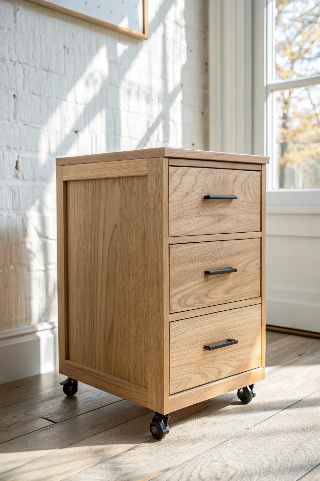 Slim rolling reclaimed-wood file cabinet—minimal, mobile, and beautifully crafted.