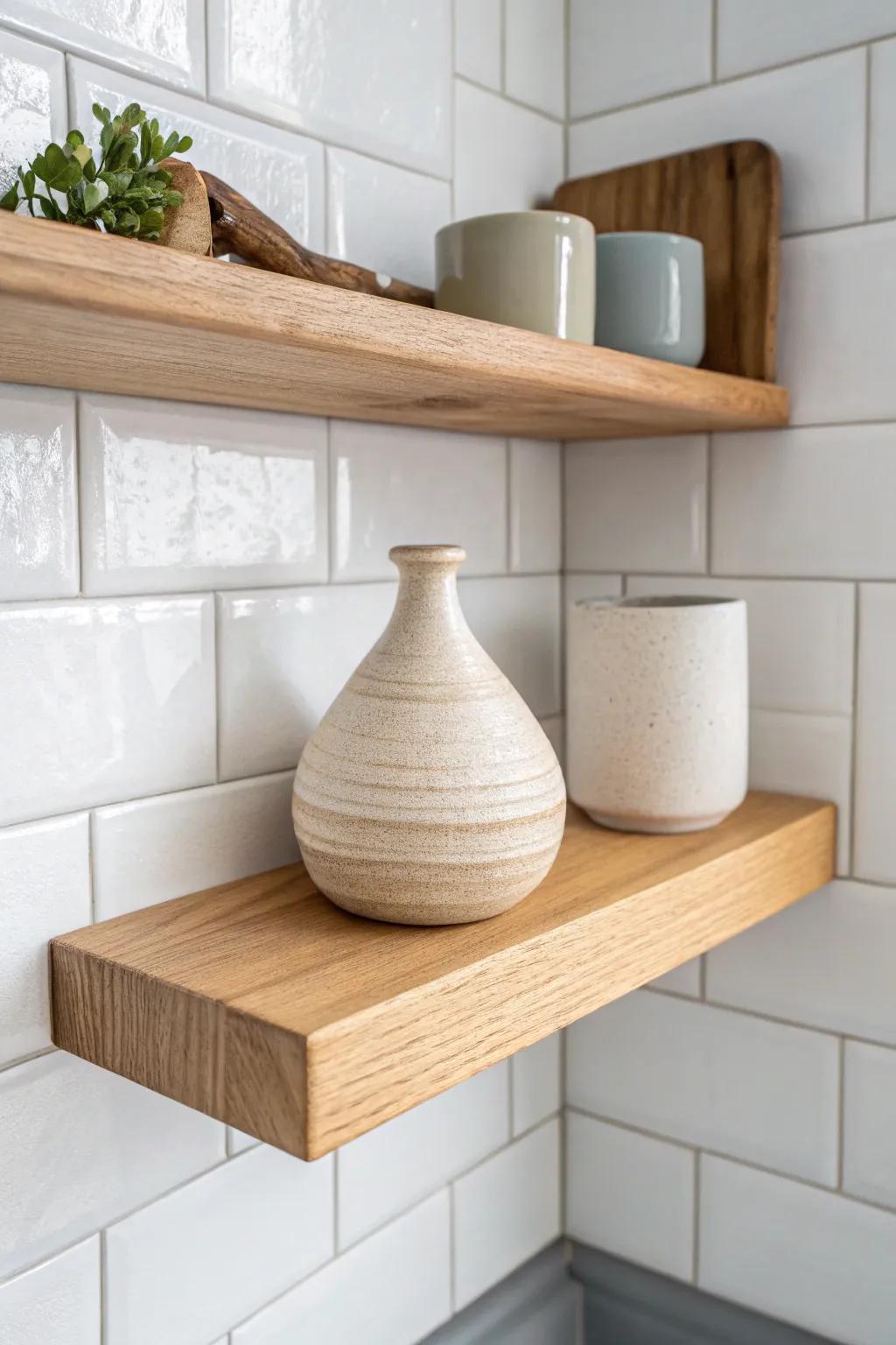 Wraparound corner open shelving in warm oak keeps the kitchen flowing, seamless and airy.