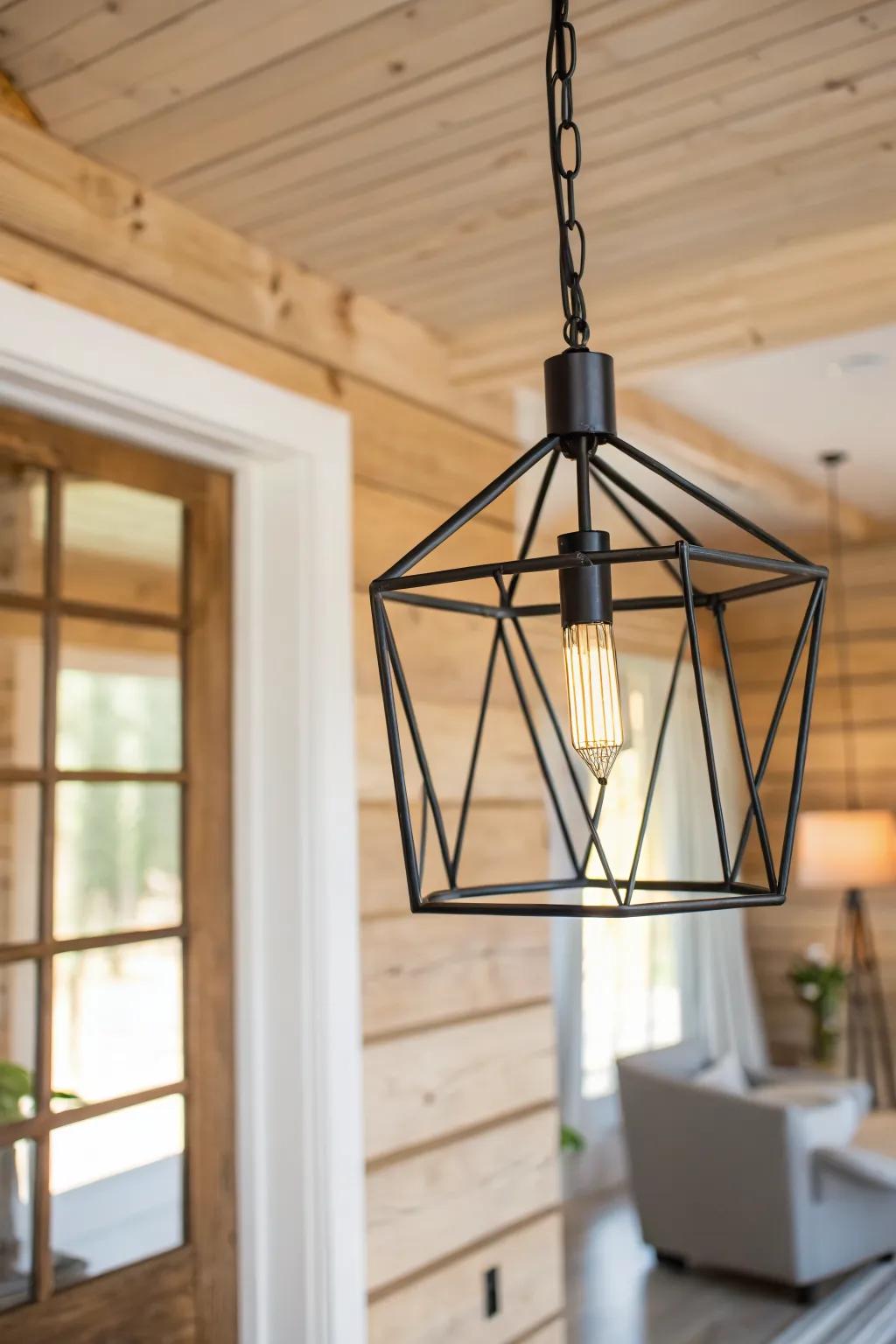 Matte-black geometric pendant lighting that makes rustic wood feel instantly modern and intentional.