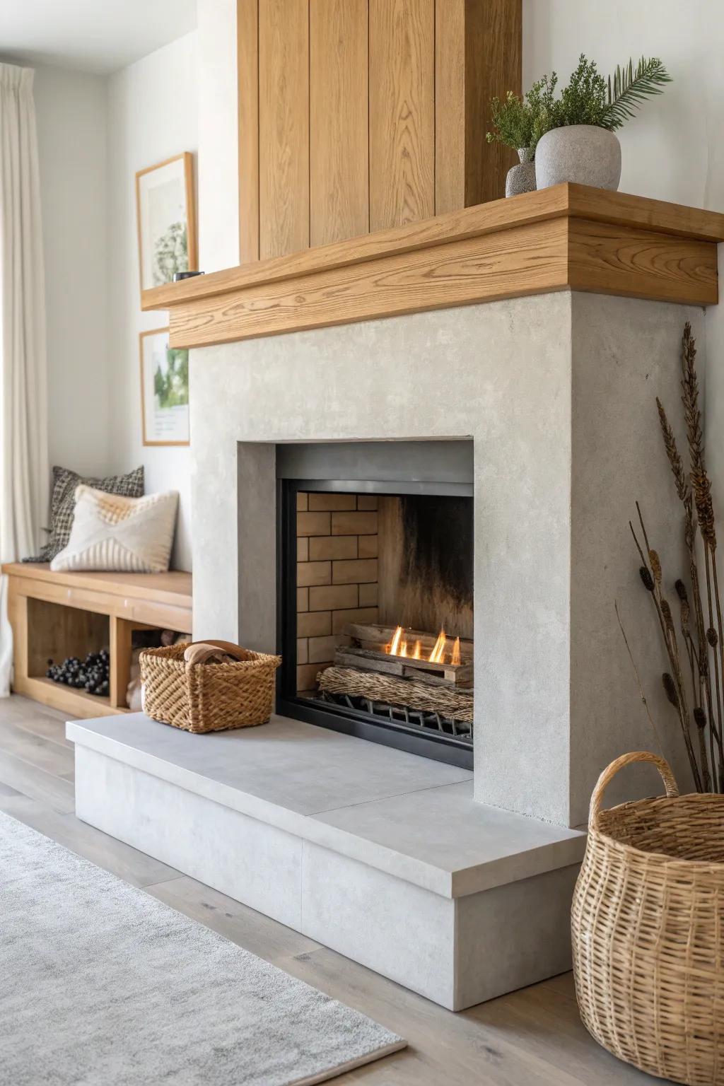 A sleek concrete surround softened by a warm oak mantel—modern rustic balance at its best.