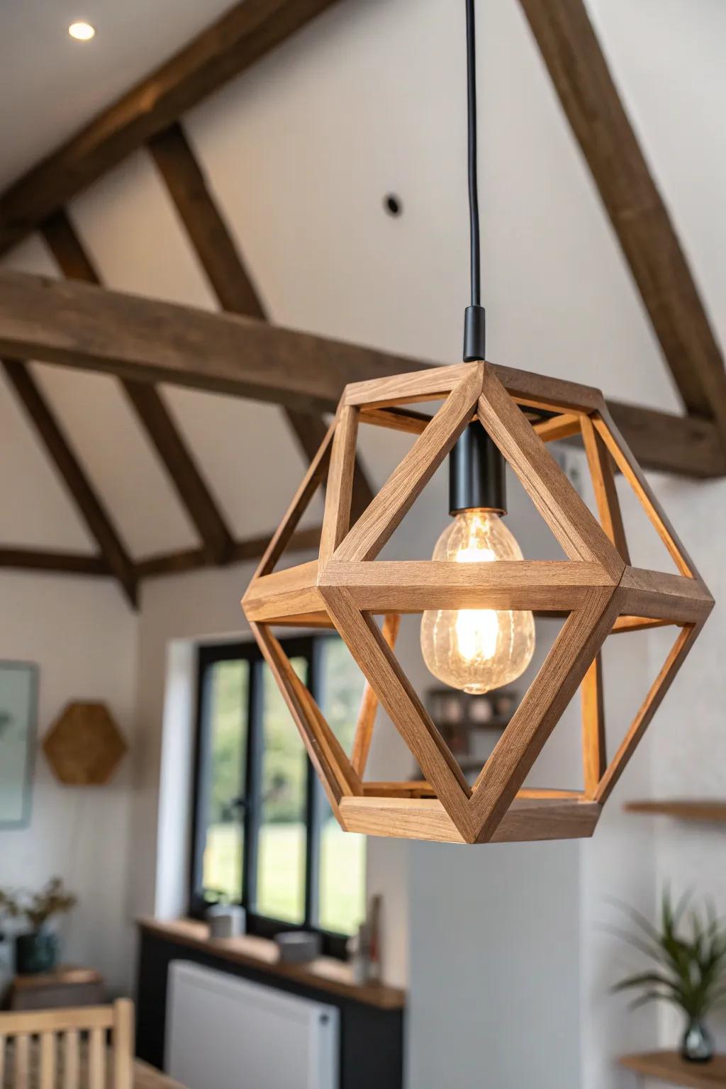 Sleek geometric pendant lighting modernizes Tudor beams—simple, warm, and handcrafted.