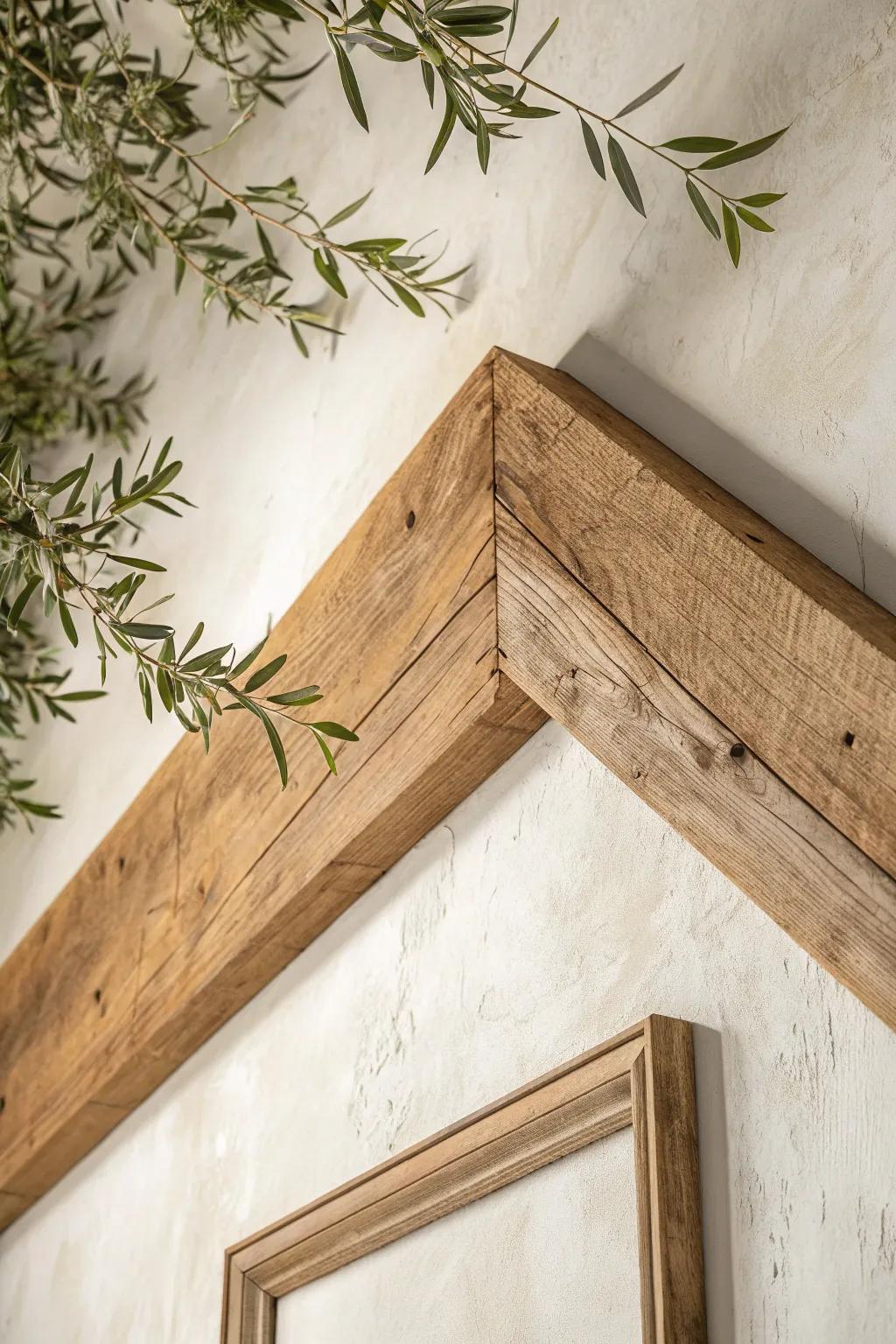 Reclaimed beams in a lighter warm stain—Tuscan character without making the ceiling feel heavy.