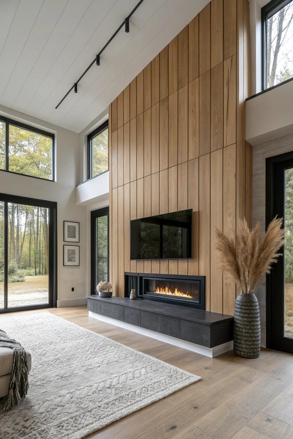 A no-mantel wood panel fireplace wall—clean seams, warm oak, and striking black contrast.