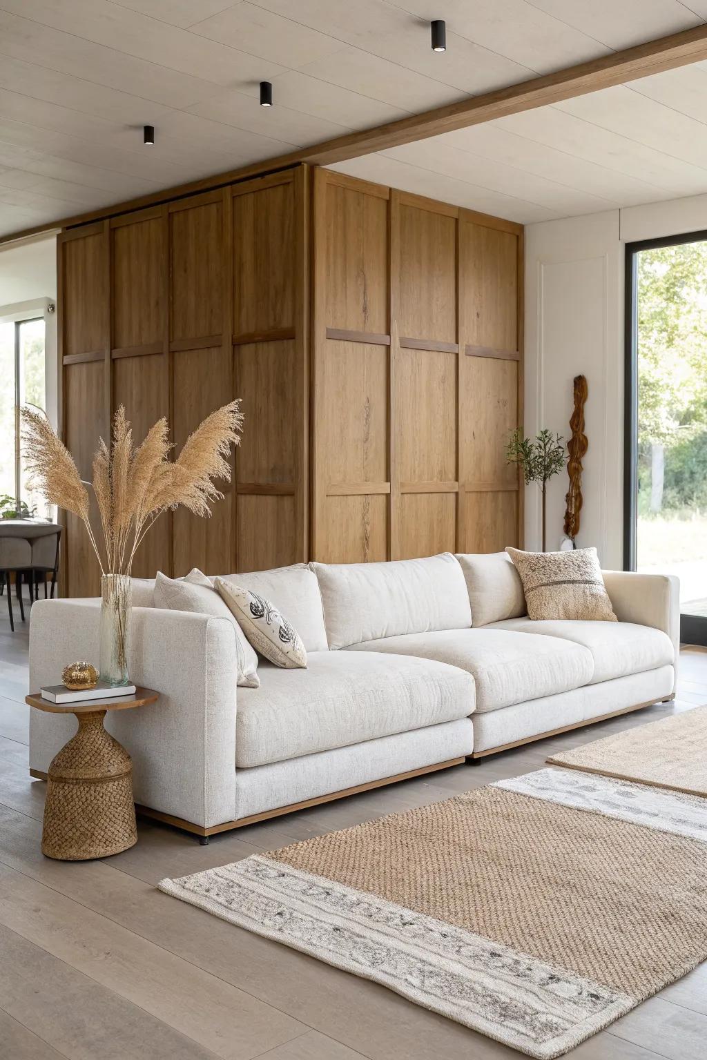 Back‑to‑back modular sofa creates a wall‑free room divider for TV nights and cozy reads.