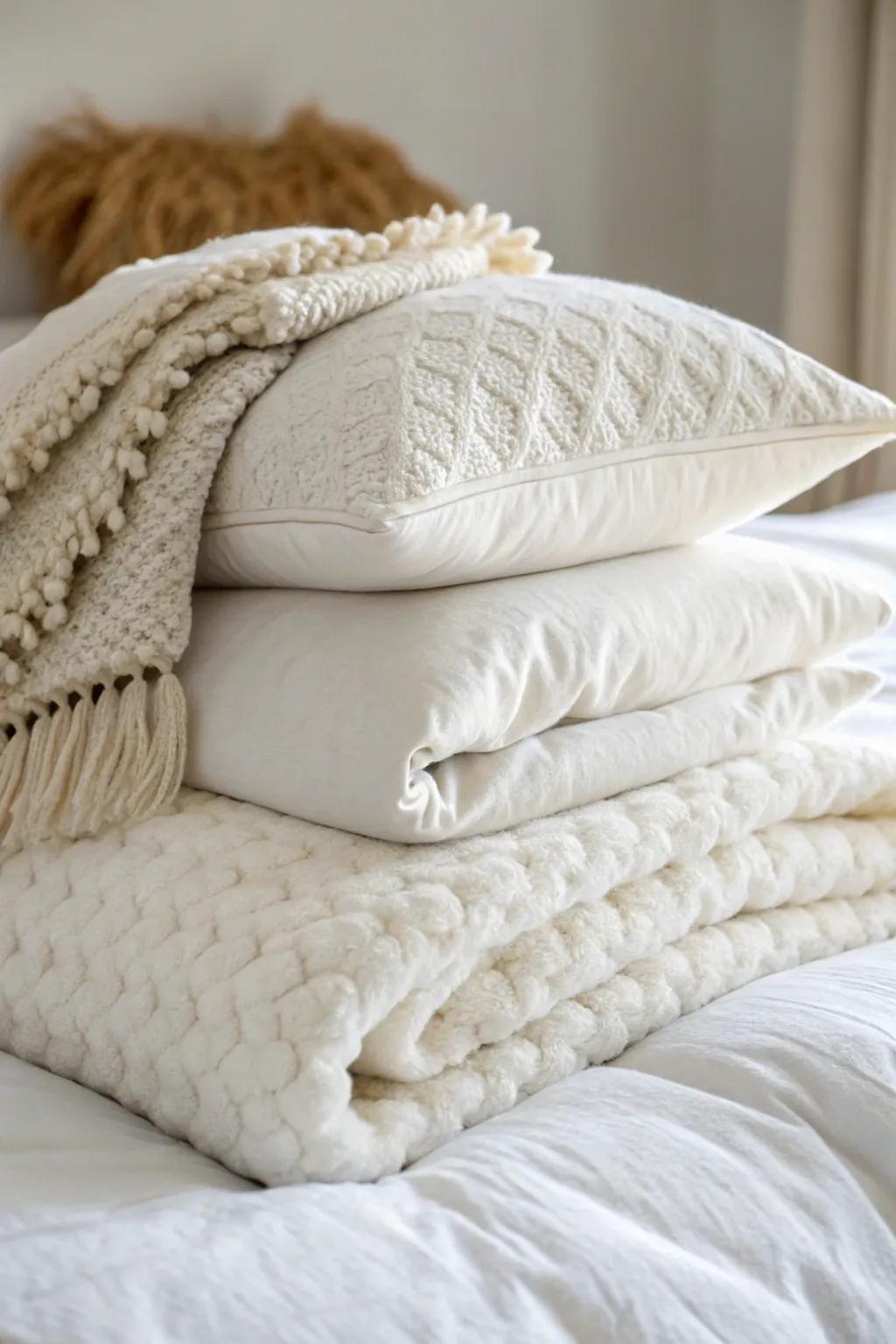 Cabin-level cozy: flannel sheets, chunky knit, and one fluffy layer for snowy-morning vibes.