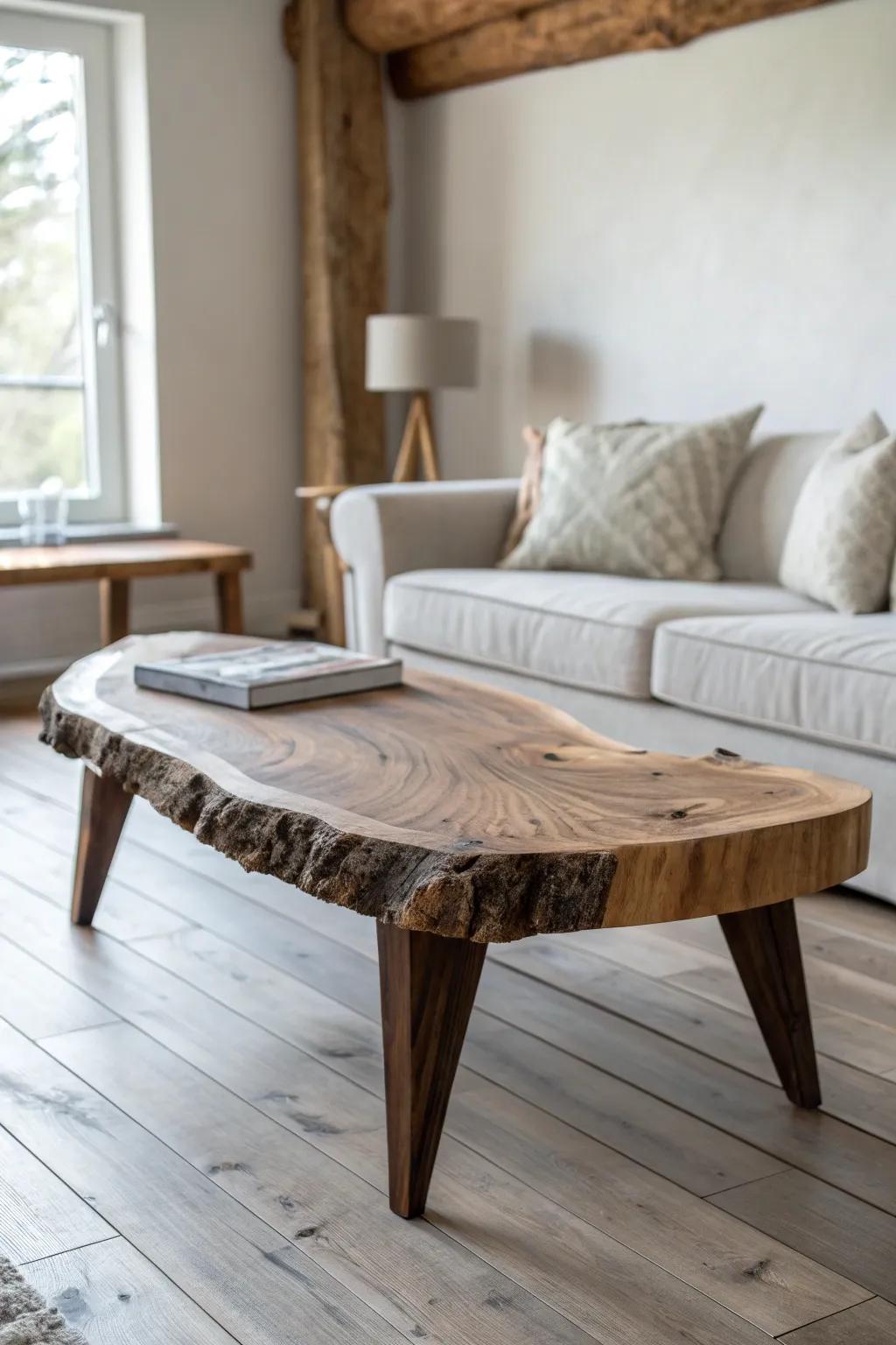 One bold live-edge coffee table brings mountain warmth—natural grain, clean lines, zero clutter.