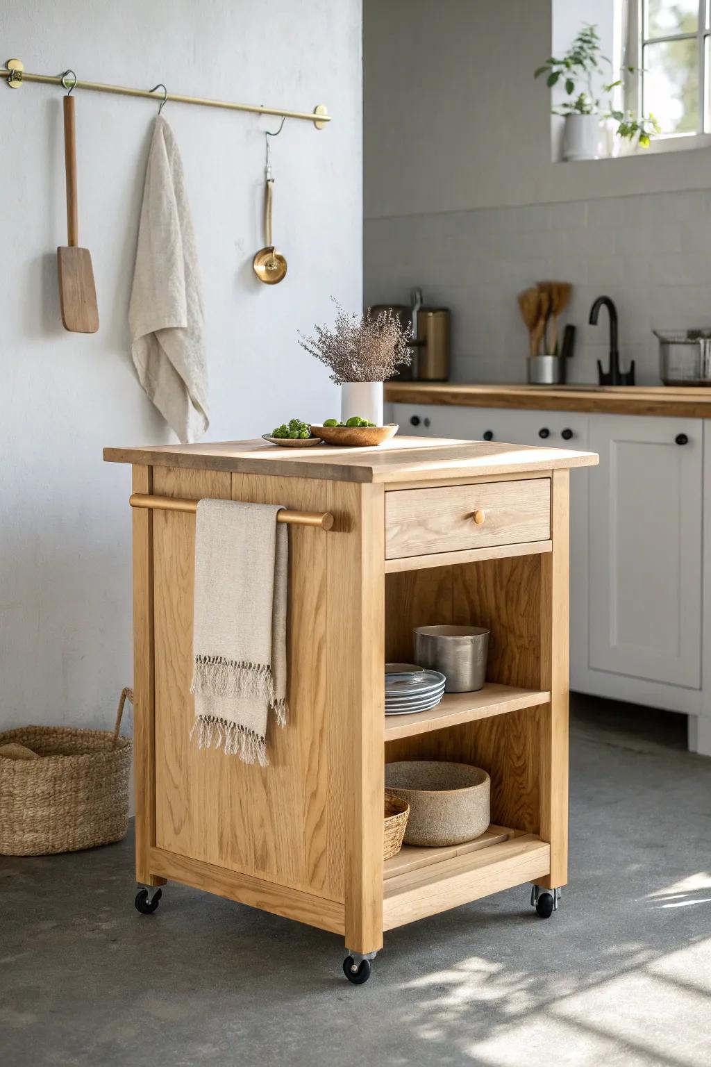 Movable island upgrade: side towel bar and hook rail for tidy towels, mitts, and tools.