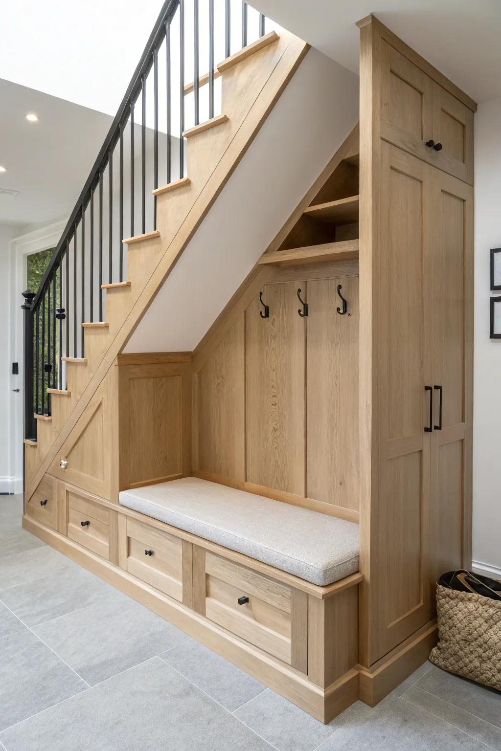 A pale-oak under-stair mudroom nook—slope-fit shelves, hidden storage, and airy boho calm.