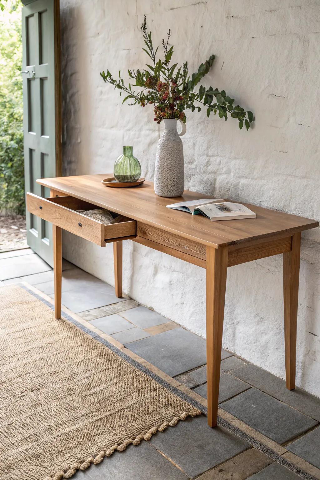 A slim entry console that slides open into a full dining table—minimal, warm, and clever.