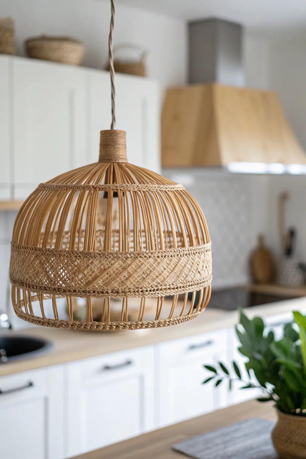 A woven rattan pendant adds warm texture and soft light to minimalist, natural kitchens.