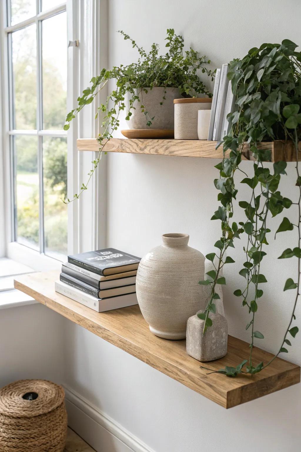 Open oak shelving, simple pottery, and a trailing pothos for an easy natural living room look.