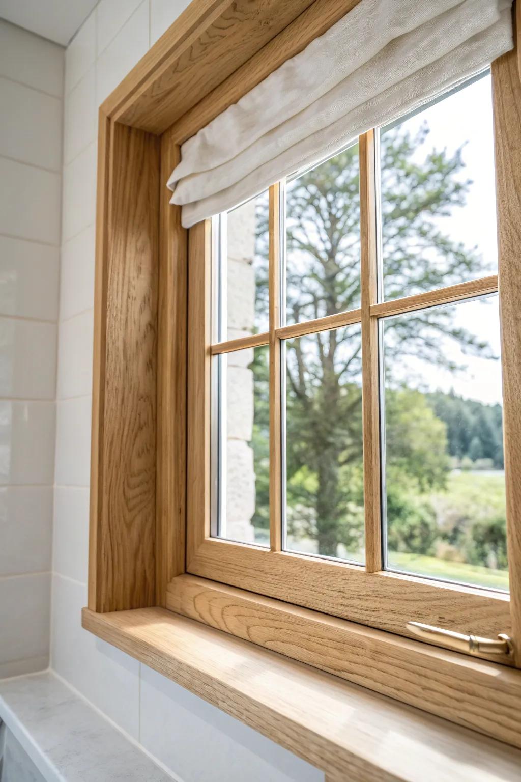 Turn your bathroom window into living art—center a single evergreen in a warm oak frame.