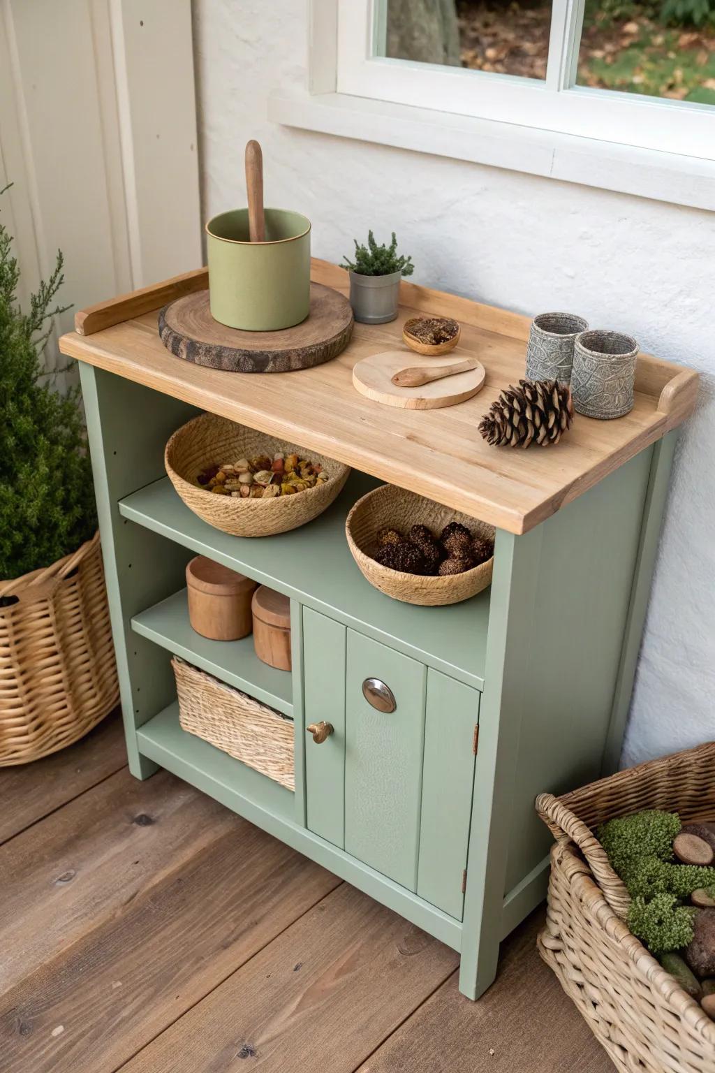 Indoor mud kitchen counter for forest cooking—sealed wood top styled with pinecones and moss.