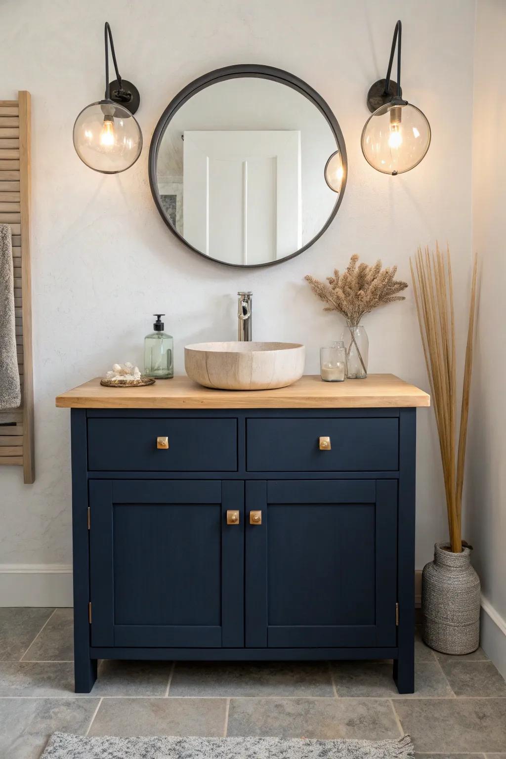 Navy vanity + sparkling glass sconces—bright, balanced, and effortlessly Scandinavian chic.
